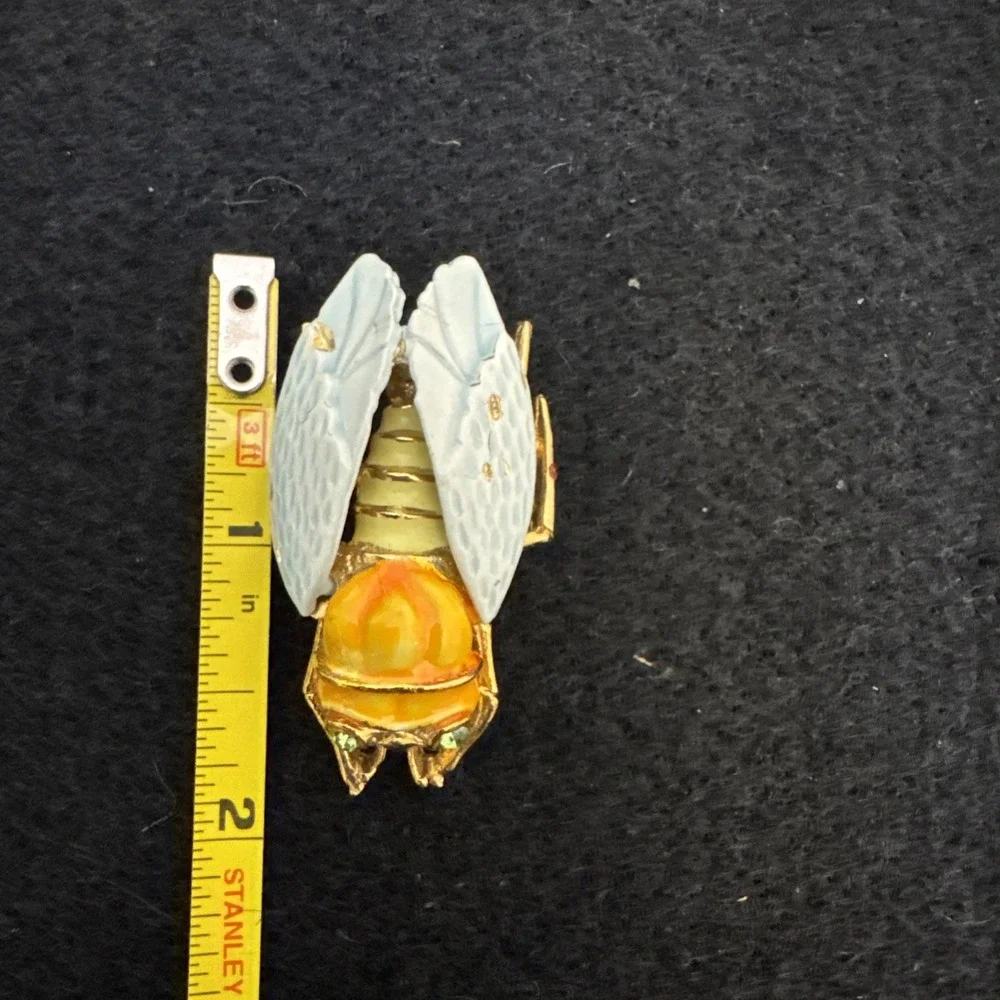 Vintage 1950's Gorgeous Enamel Cicada Brooch Multicolored Gold Tone